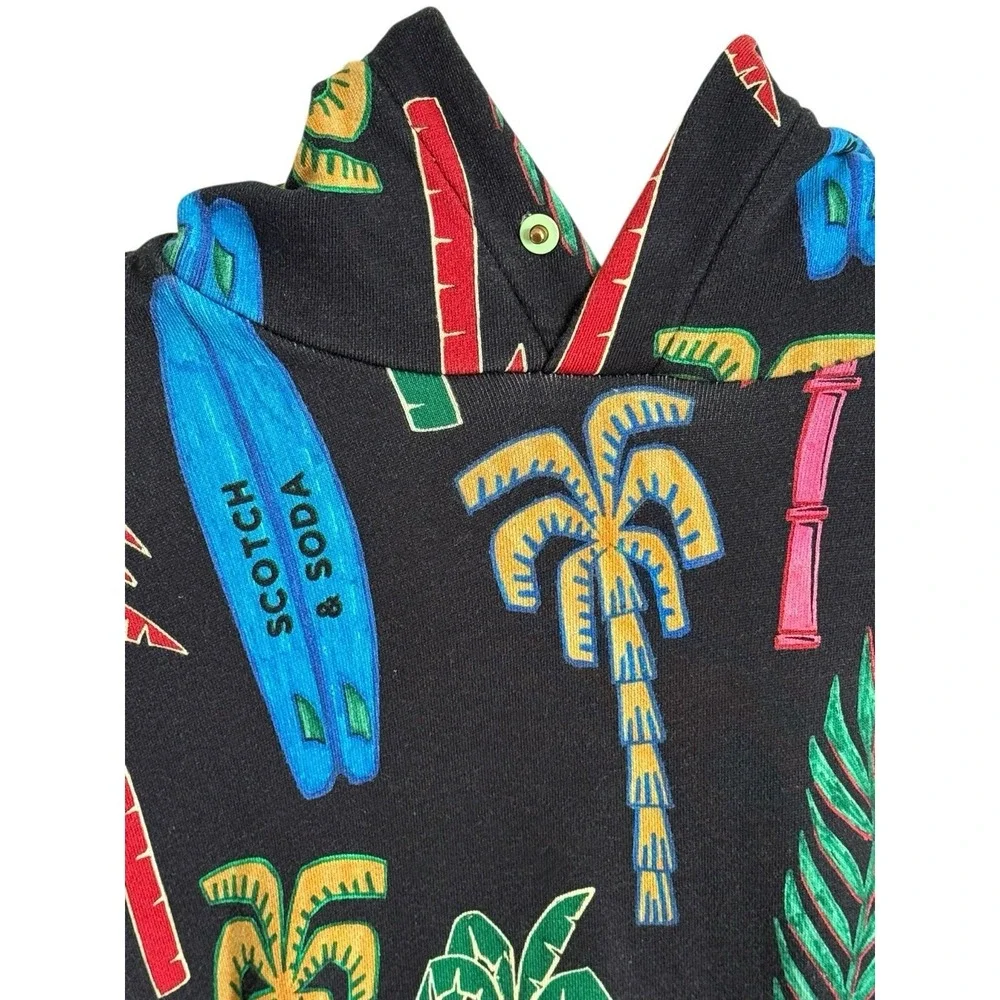 Scotch & Soda Vacation Shirt Black Hoodie Surf Palm Trees Pocket Logo Boys SZ 10